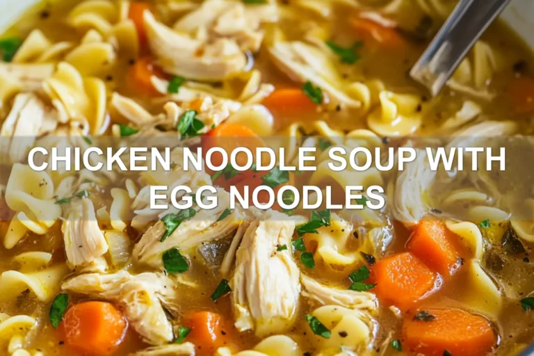CHICKEN NOODLE SOUP WITH EGG NOODLES centered hero view, clean and uncluttered