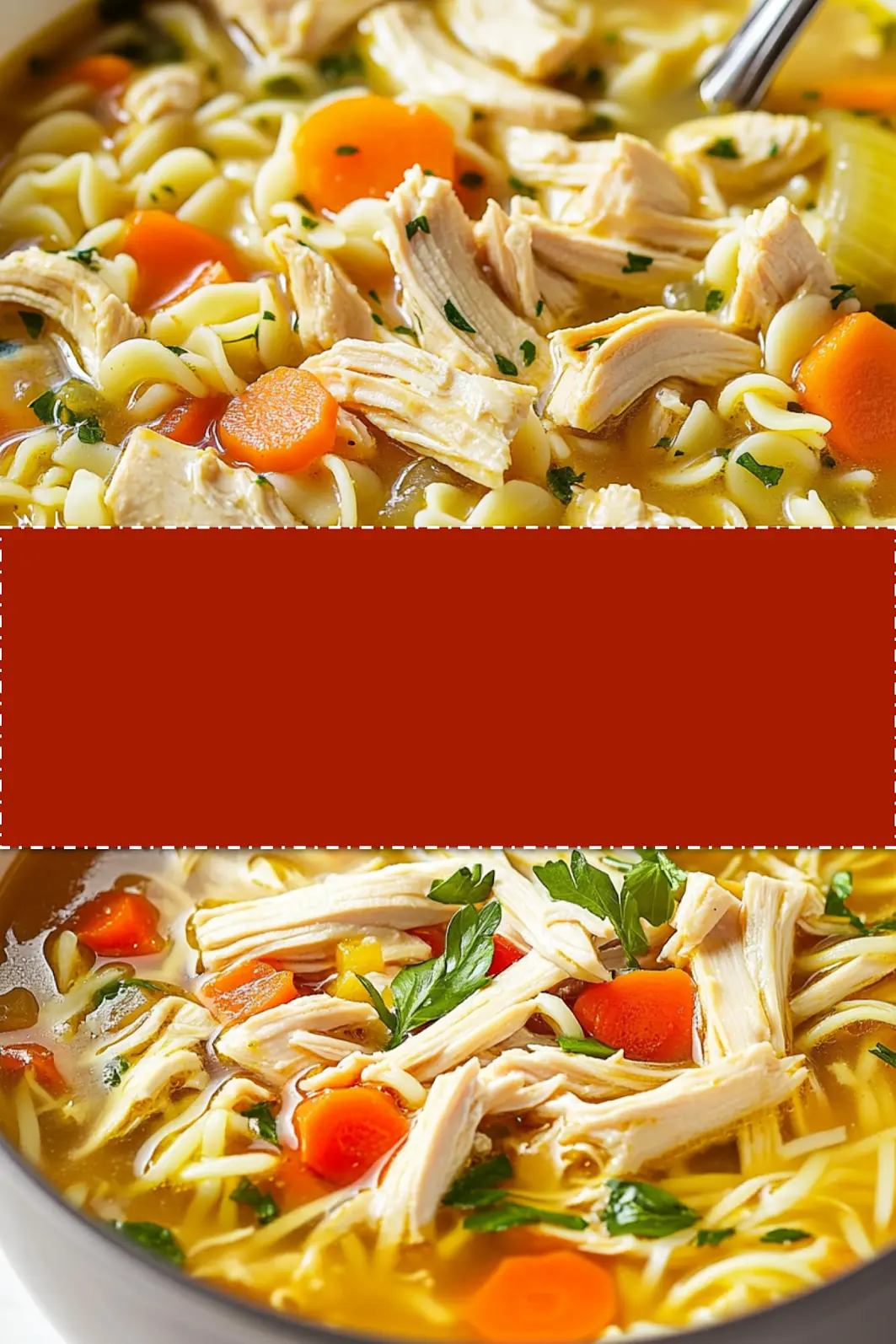 Chicken Noodle Soup Ultimate Cozy Comfort Food Recipe 3 Finished bowl of homemade chicken noodle soup with garnished herbs, lemon slice, and rustic bread on the side