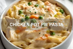 CHICKEN POT PIE PASTA centered hero view, clean and uncluttered