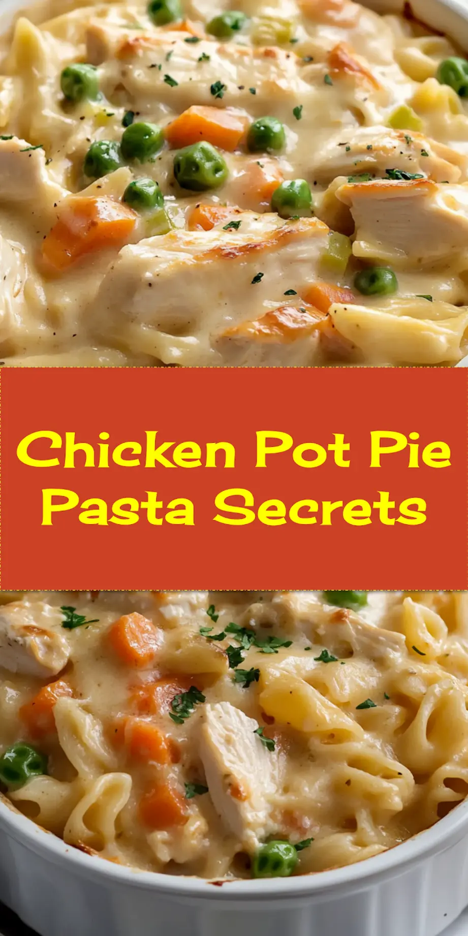 Plated Chicken Pot Pie Pasta with creamy sauce and vegetables, perfect for dinner