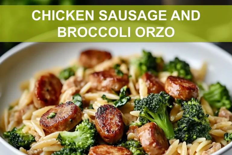 CHICKEN SAUSAGE AND BROCCOLI ORZO plated, warm natural light, white cloth, shallow depth of field