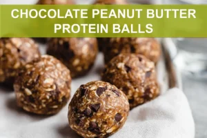 CHOCOLATE PEANUT BUTTER PROTEIN BALLS on white napkin with glass of water warm natural light