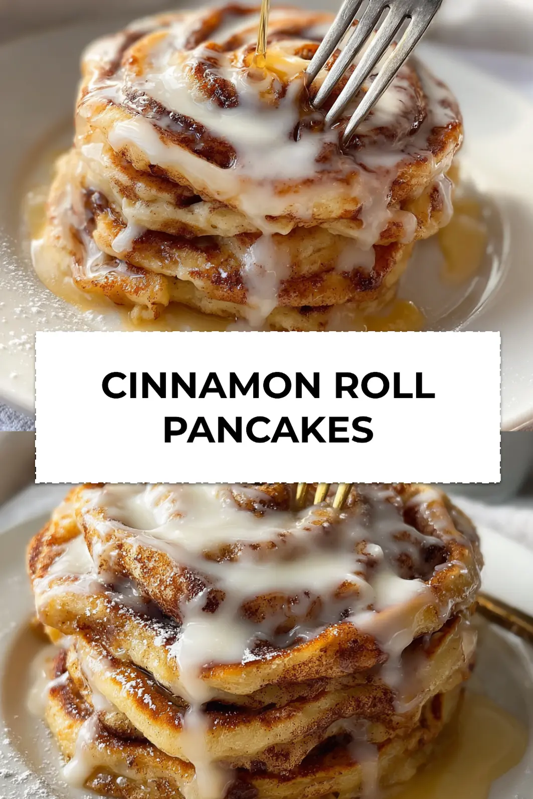 Stack of cinnamon roll pancakes topped with maple syrup and swirl of cream cheese glaze on a cozy table setting