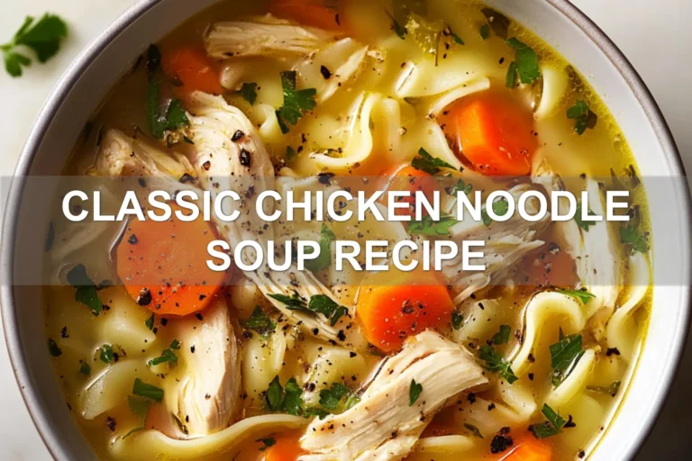 CLASSIC CHICKEN NOODLE SOUP RECIPE centered hero view, clean and uncluttered