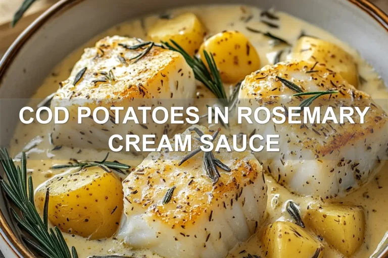 COD POTATOES IN ROSEMARY CREAM SAUCE centered hero view, clean and uncluttered