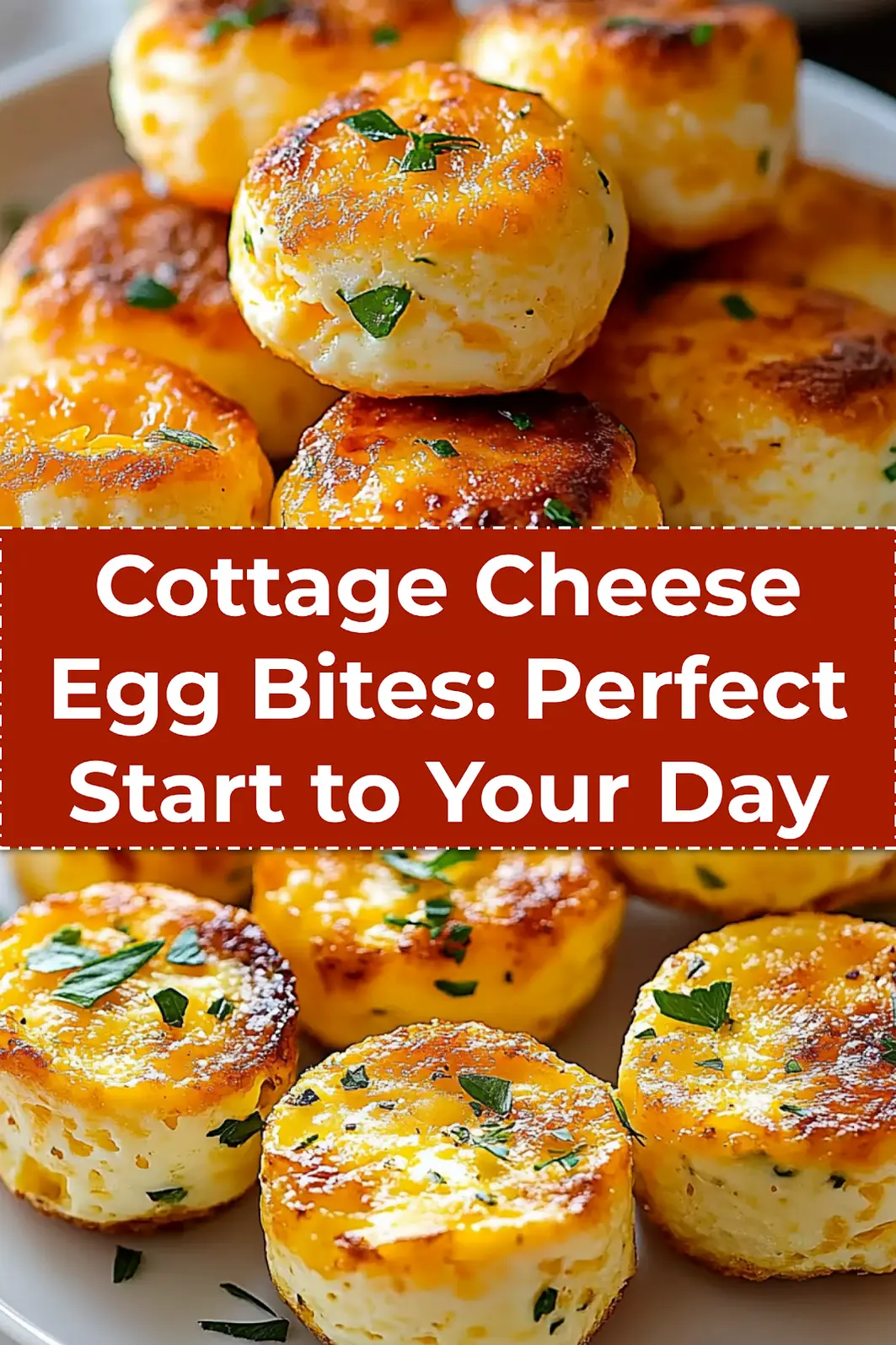 Pinterest optimized image of baked cottage cheese egg bites served in a muffin tin, showing golden tops and creamy texture