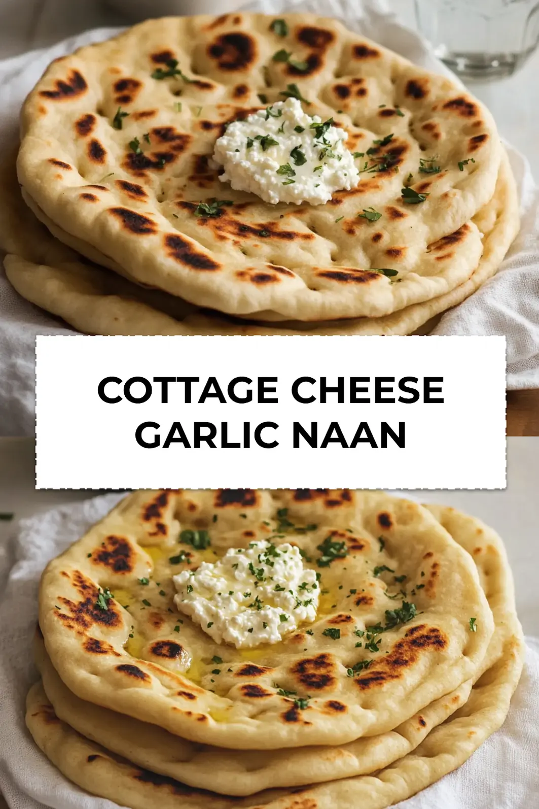 Close-up overhead of golden cottage cheese garlic naan served on a napkin with herbs and butter