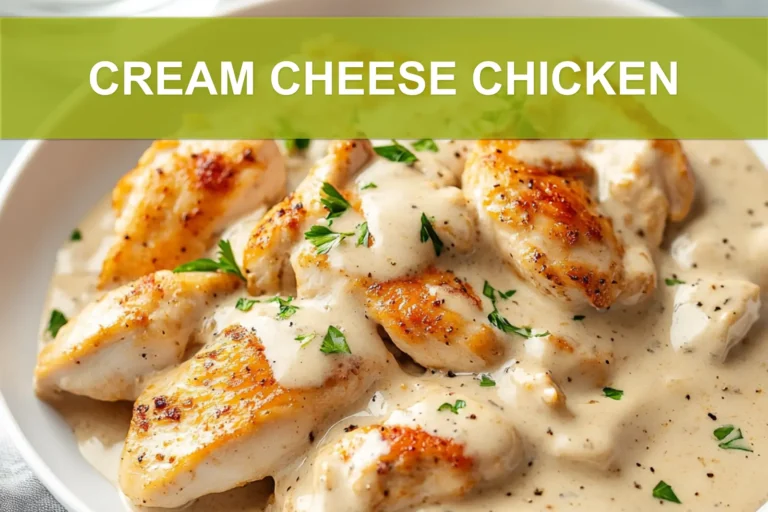 CREAM CHEESE CHICKEN plated with delicate white cheese garlic and fresh herbs in warm natural light close up