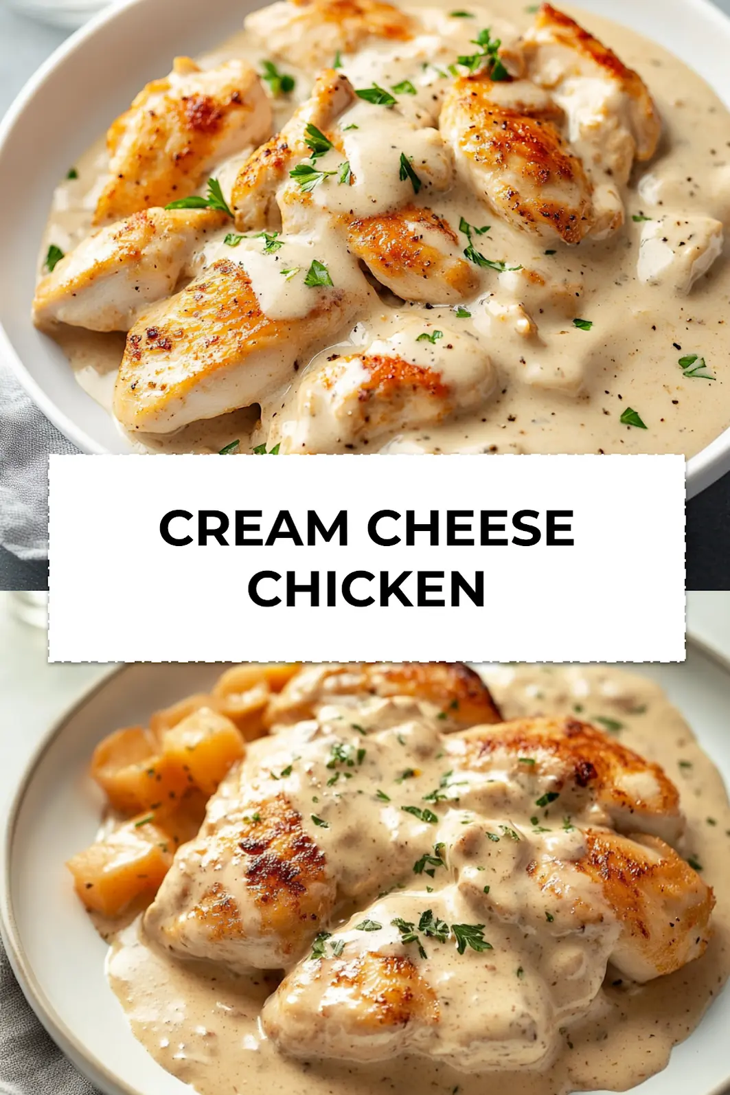 Plated cream cheese chicken served with herbs, creamy garlic sauce, and side options in cozy warm lighting