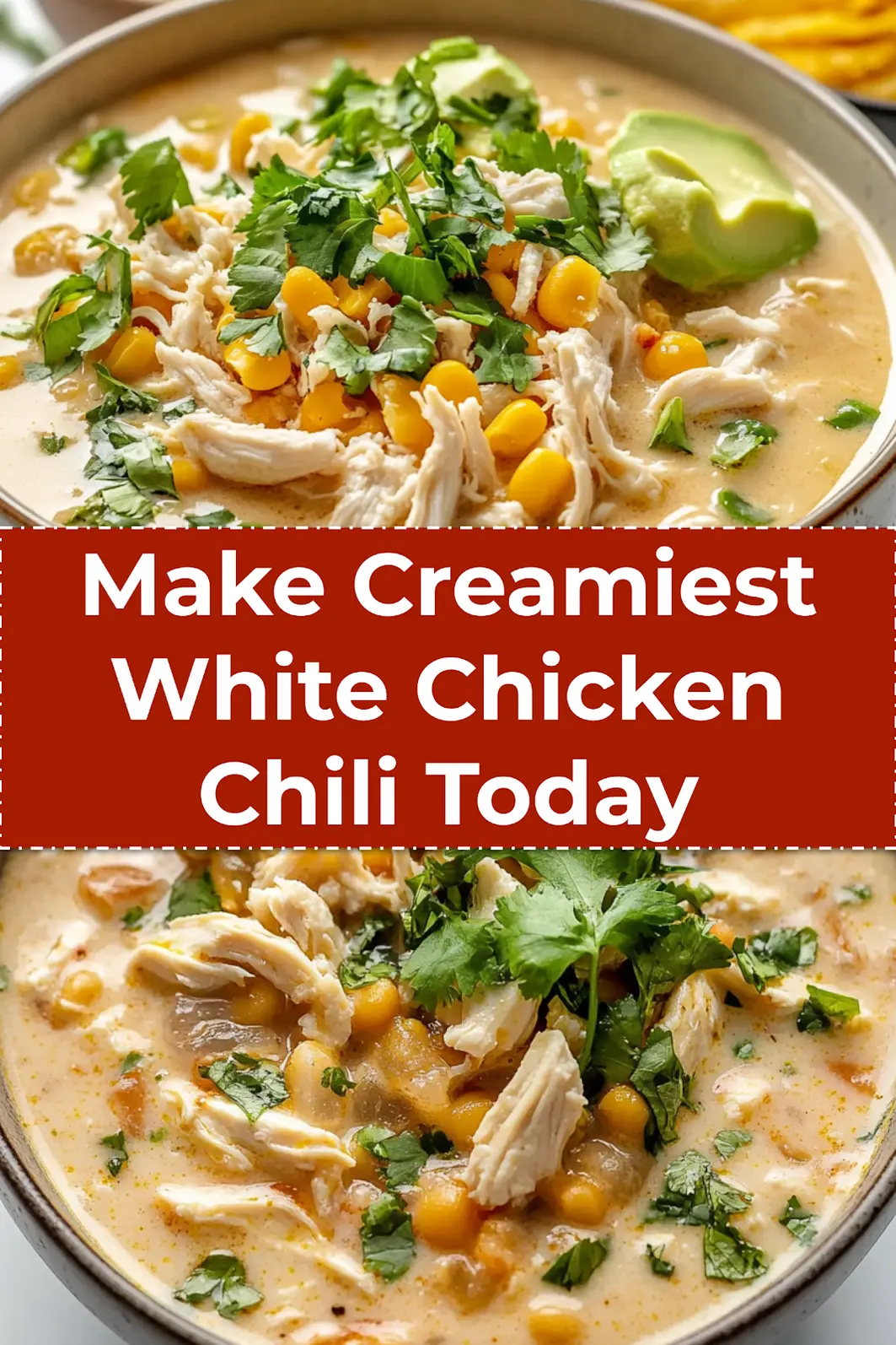 Bowl of CREAMIEST WHITE CHICKEN CHILI with toppings, perfect for Pinterest sharing