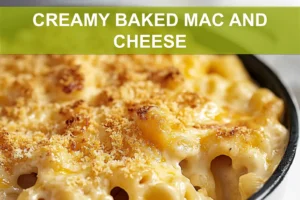 CREAMY BAKED MAC AND CHEESE centered hero view, clean and uncluttered