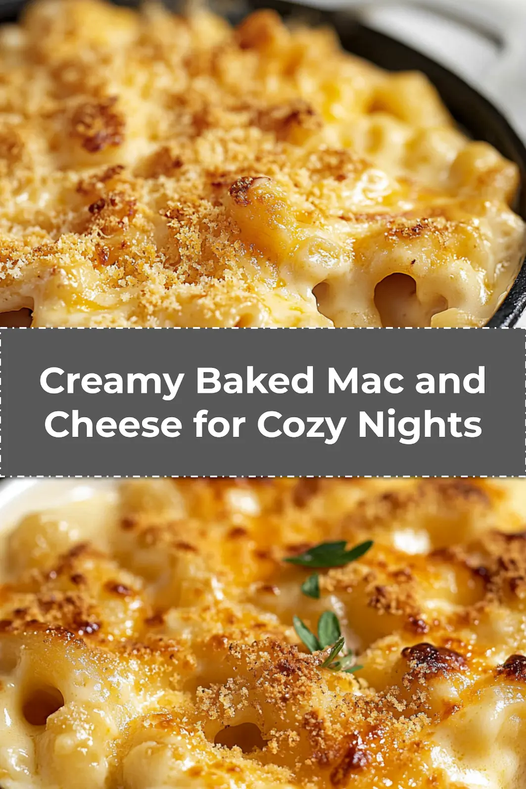Perfectly golden and creamy baked mac and cheese with bubbling top for Pinterest