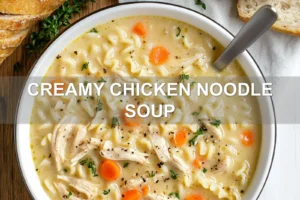 CREAMY CHICKEN NOODLE SOUP centered hero view, clean and uncluttered