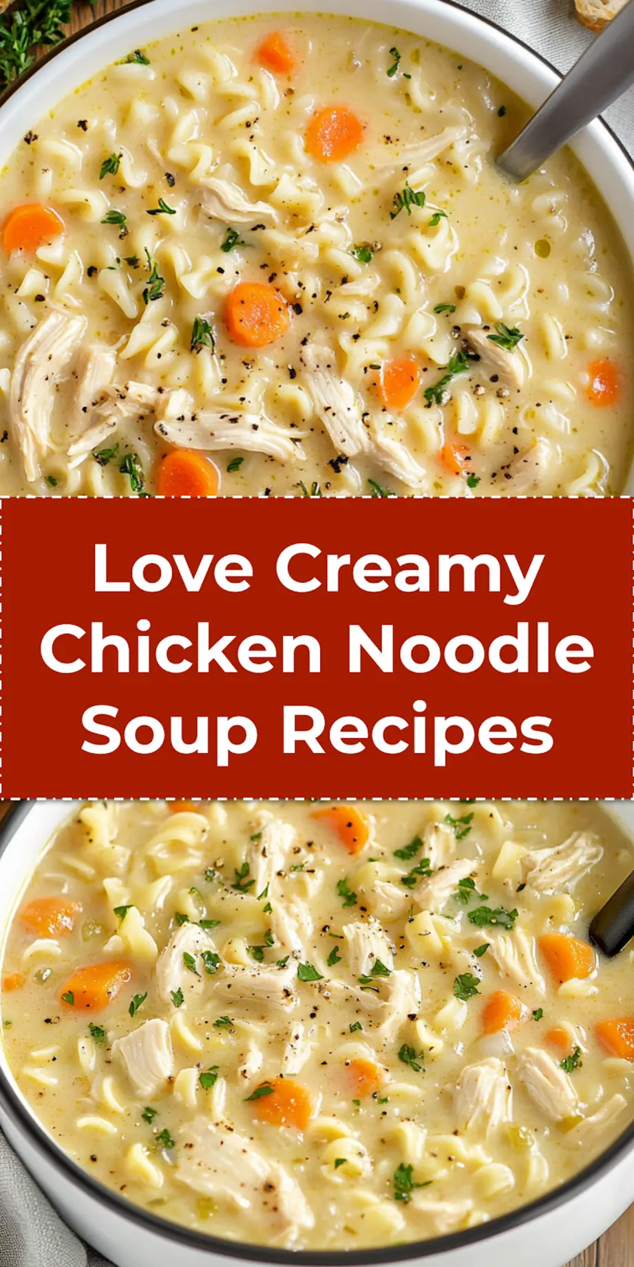 Overhead shot of creamy chicken noodle soup served in a white bowl with parsley garnish – perfect for Pinterest shares