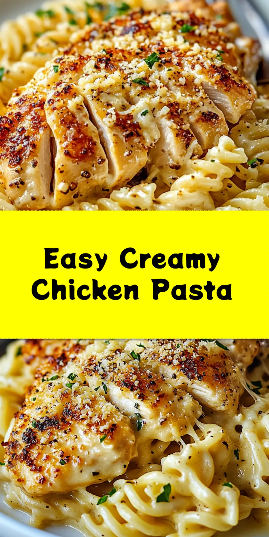 Creamy Garlic Parmesan Chicken for Irresistible Dinner 3 Pinterest-optimized image of creamy garlic parmesan chicken with cheesy twisted pasta plated and garnished with parsley