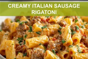 CREAMY ITALIAN SAUSAGE RIGATONI plated with creamy white sauce basil oregano and grated cheese