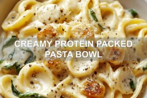 CREAMY PROTEIN PACKED PASTA BOWL centered hero view, clean and uncluttered