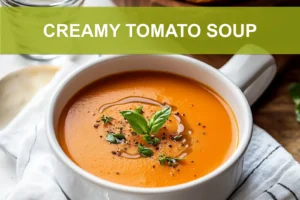 CREAMY TOMATO SOUP in a creamy bowl with basil garnish warm inviting main blog image