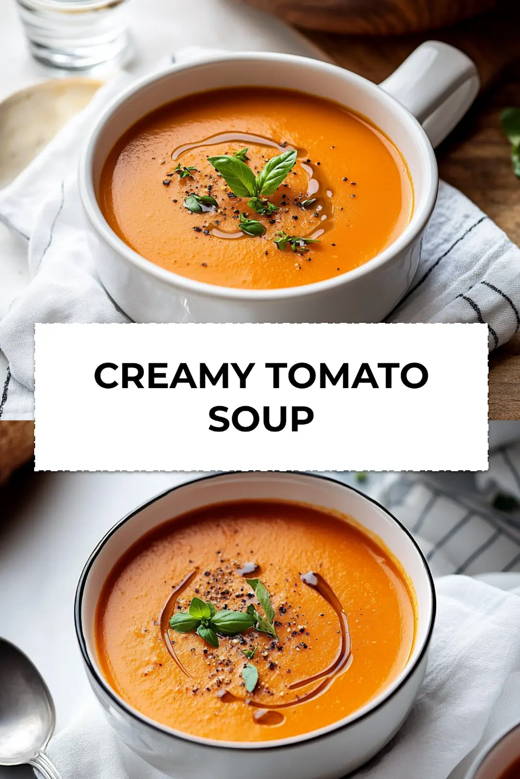 Pin image of creamy tomato soup served hot in a cozy white bowl with a basil garnish, perfect comfort food styling