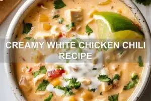 CREAMY WHITE CHICKEN CHILI RECIPE centered hero view, clean and uncluttered