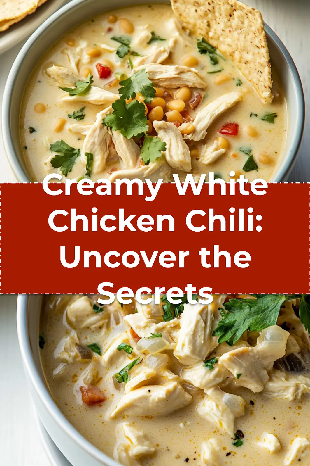 Bowl of creamy white chicken chili topped with avocado, cheese, and lime wedge with serving spoon