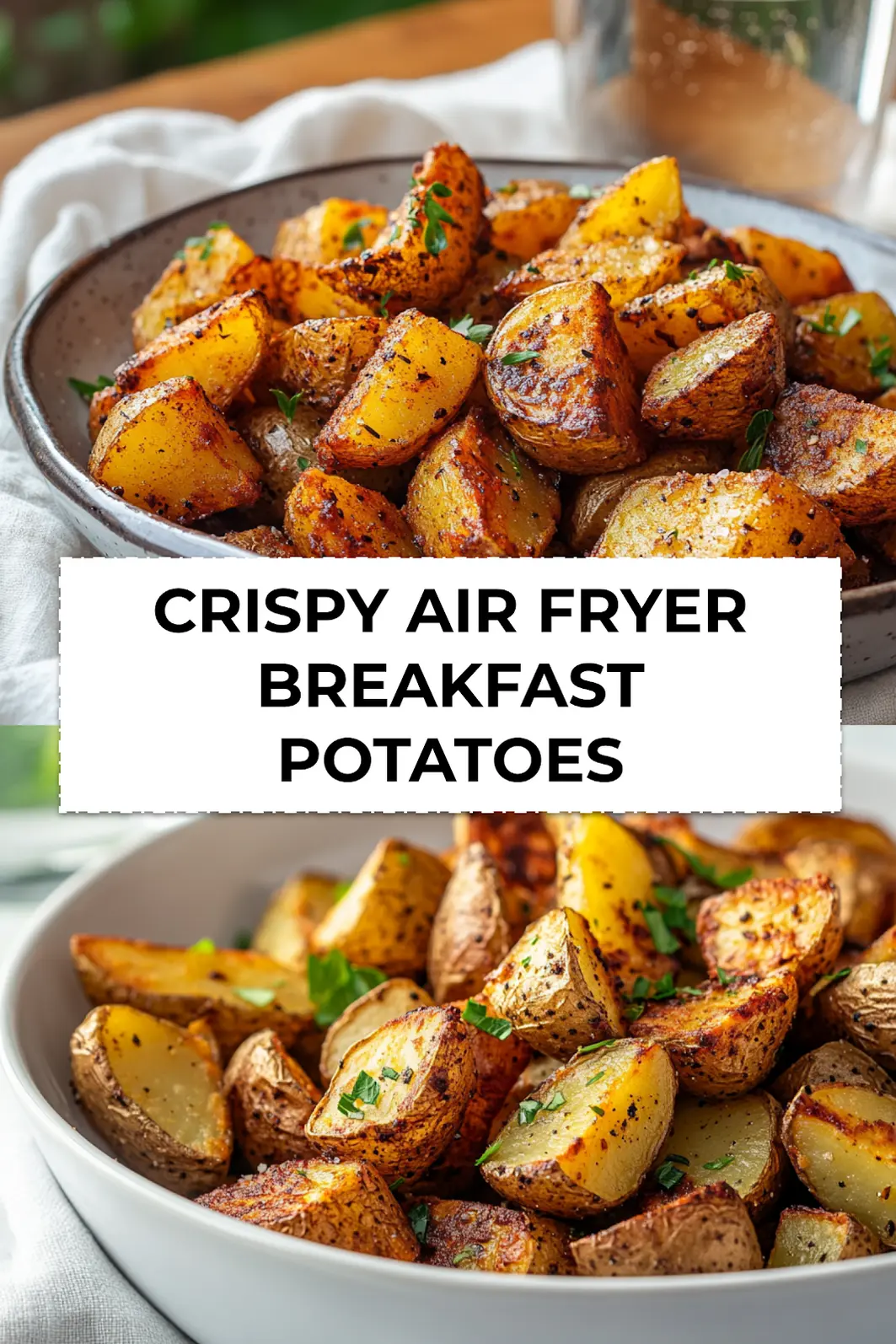 Crispy air fryer breakfast potatoes served with fresh herbs on napkin with golden edges