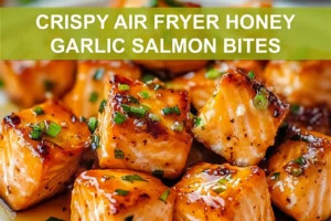CRISPY AIR FRYER HONEY GARLIC SALMON BITES centered hero view, clean and uncluttered