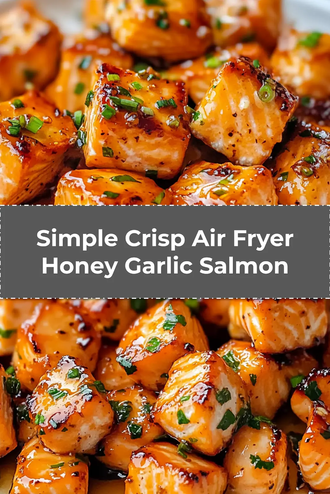 Final plated crispy air fryer honey garlic salmon bites on serving plate with sesame seeds and green onions for garnish