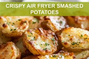 CRISPY AIR FRYER SMASHED POTATOES on white napkin with herbs and golden crisp edges