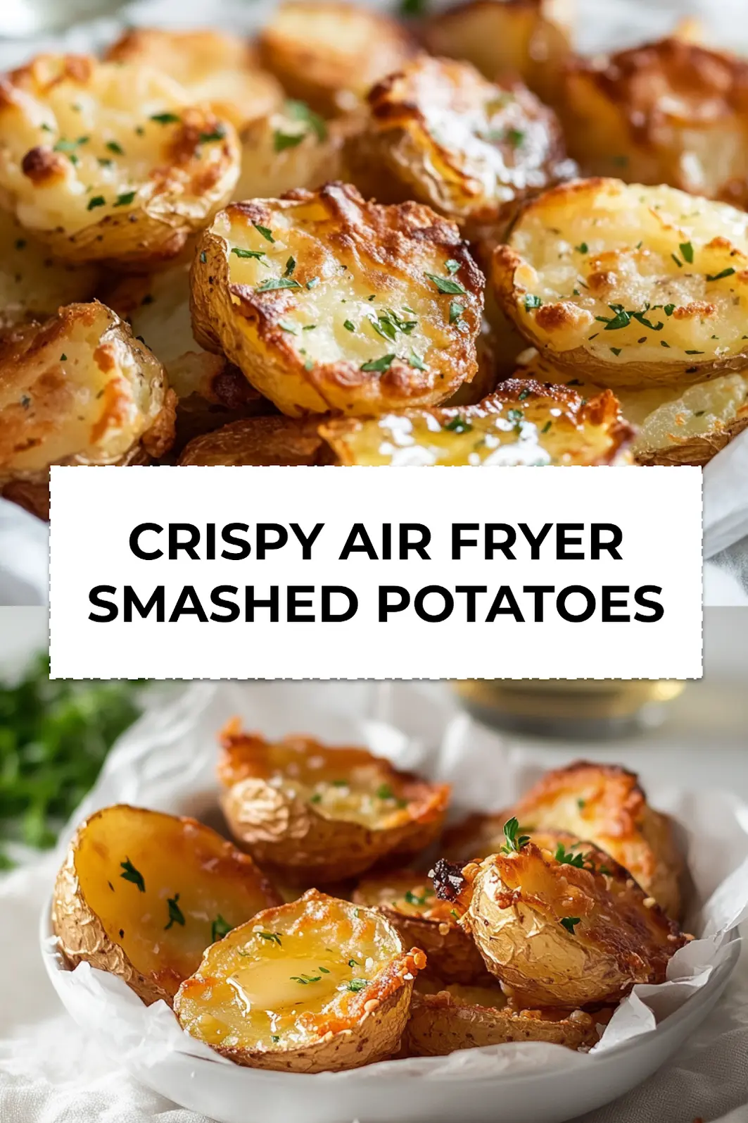 Crispy air fryer smashed potatoes served with herbs on white napkin ready to pin on Pinterest