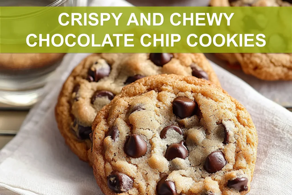 CRISPY AND CHEWY CHOCOLATE CHIP COOKIES hero image warm 3/4 view on white napkin