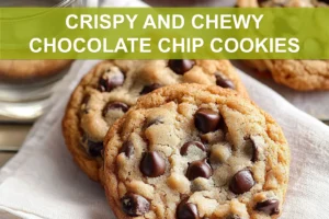 CRISPY AND CHEWY CHOCOLATE CHIP COOKIES hero image warm 3/4 view on white napkin