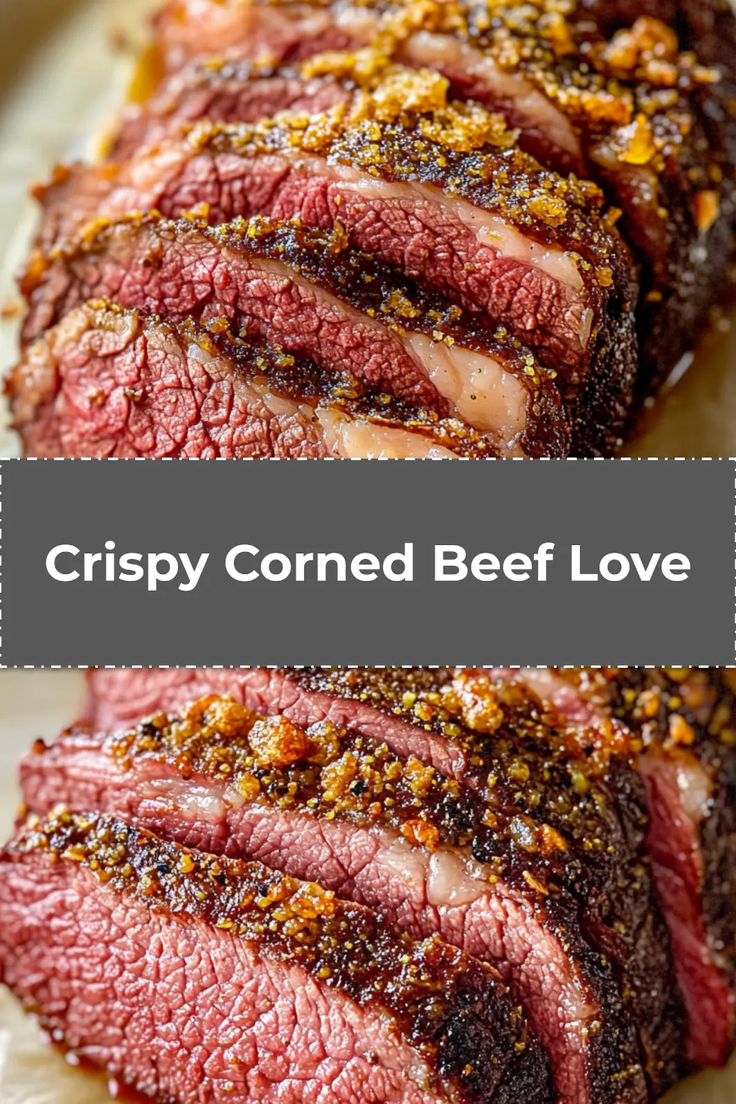 Close-up of crispy corned beef crusted with peppercorns and caramelized mustard glaze