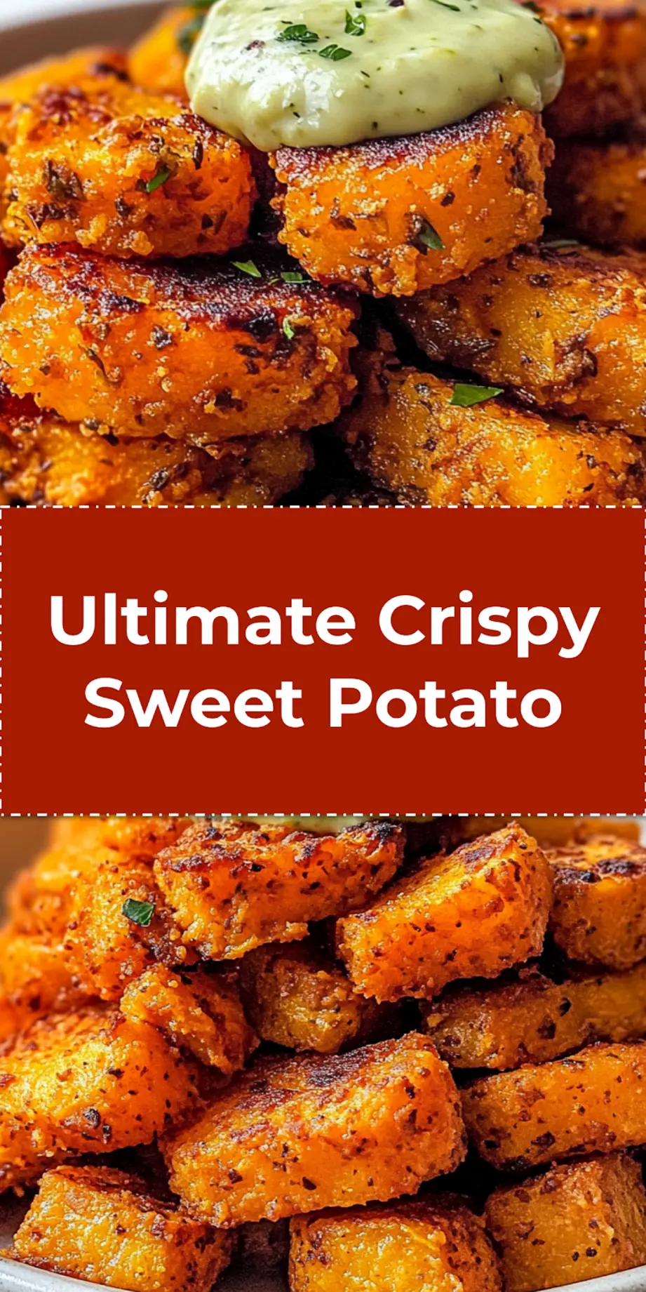 Stack of finished crispy sweet potato patties served with cilantro avocado dip on a ceramic plate