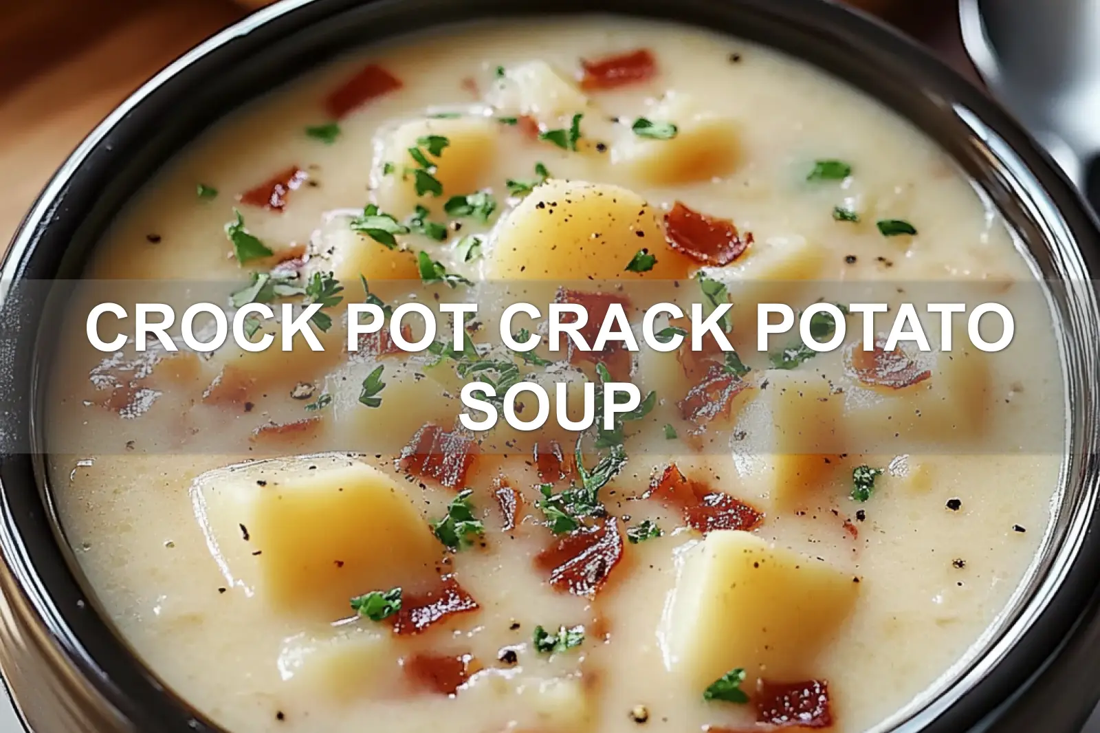 Crock Pot Crack Potato Soup Easy Delicious Recipe 4 CROCK POT CRACK POTATO SOUP centered hero view, clean and uncluttered