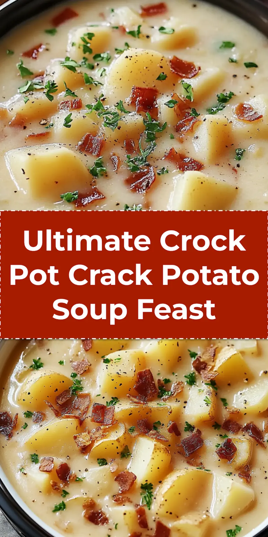 Crock Pot Crack Potato Soup Easy Delicious Recipe 3 Final serving of Crock Pot Crack Potato Soup in a ceramic bowl topped with bacon crumbles and green onions