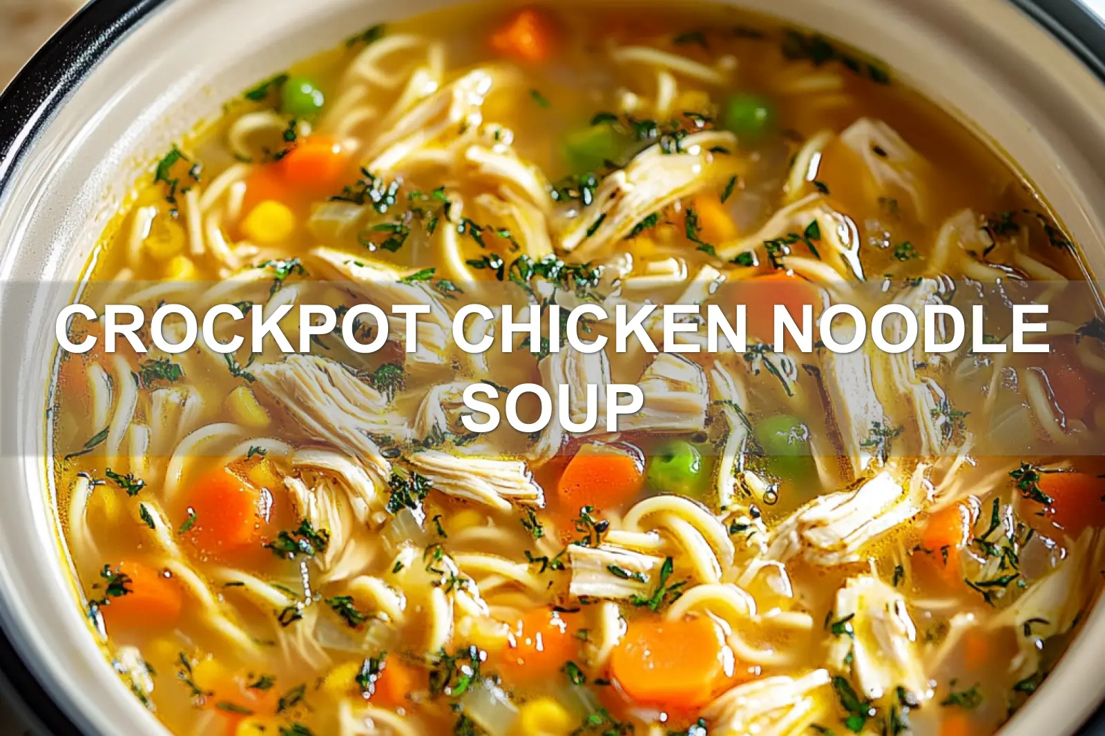 Crockpot Chicken Noodle Soup: Easy Delicious Recipe 4 CROCKPOT CHICKEN NOODLE SOUP centered hero view, clean and uncluttered