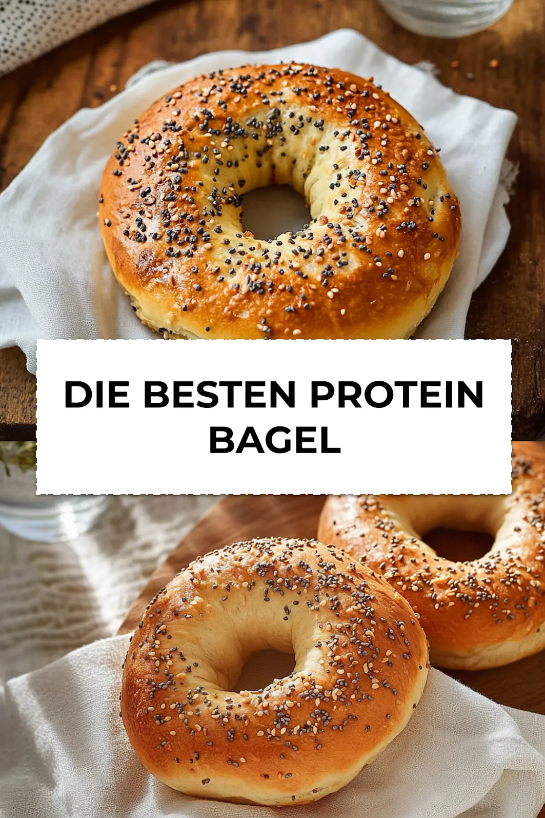 Die besten Protein Bagel: Easy and Delicious Ideas 3 Baked protein bagels with crusty golden edges, topped with sesame and poppy seeds on linen napkin