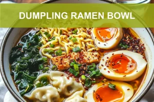 DUMPLING RAMEN BOWL with dumplings ramen eggs spinach green onions black sesame seeds
