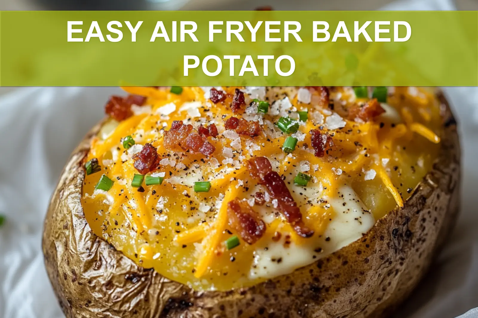 EASY AIR FRYER BAKED POTATO with melted butter chives cheese and bacon on white napkin
