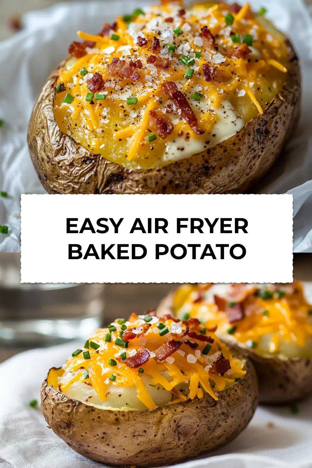 Air Fryer Baked Potato with butter, chives, shredded cheese and bacon on white napkin