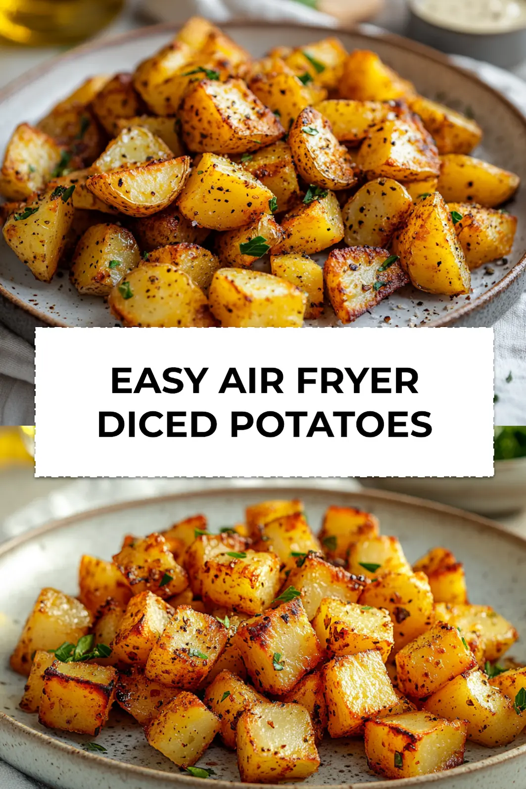 Crispy air fryer diced potatoes with herbs and olive oil - EASY AIR FRYER DICED POTATOES recipe card pin
