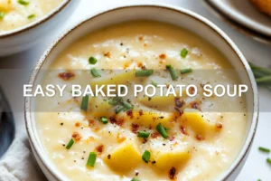 EASY BAKED POTATO SOUP centered hero view, clean and uncluttered
