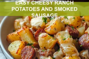 EASY CHEESY RANCH POTATOES AND SMOKED SAUSAGE in warm close up with herbs and melted cheese