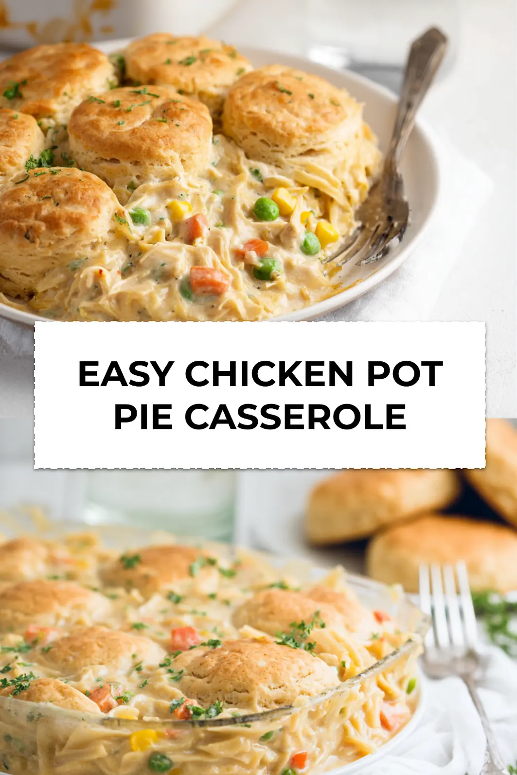 Close-up of baked EASY CHICKEN POT PIE CASSEROLE in dish with golden flaky biscuit topping