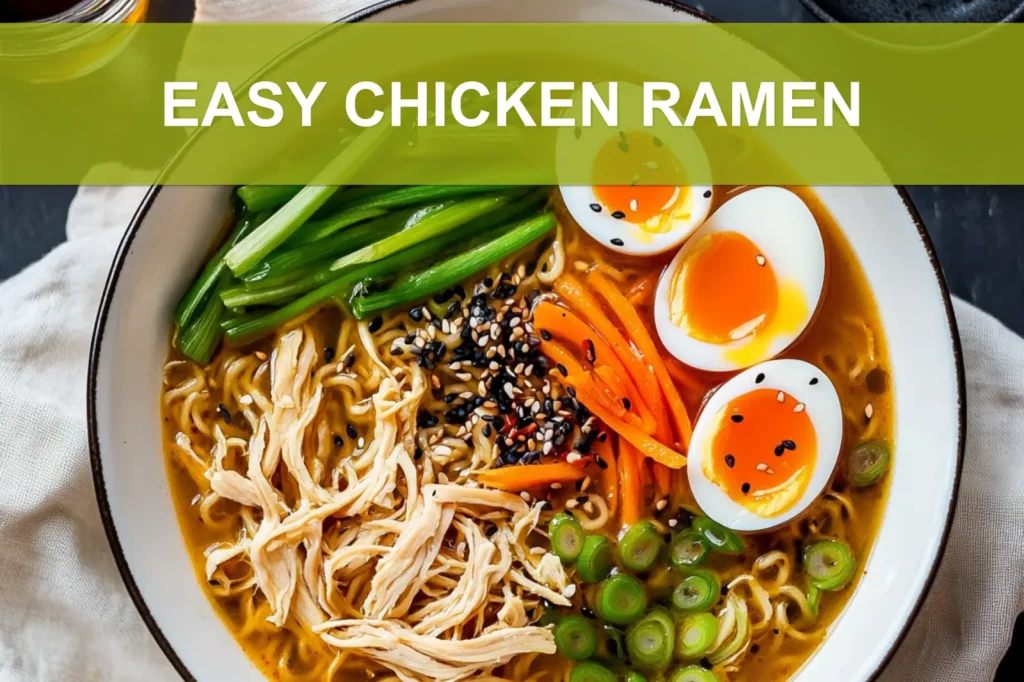 EASY CHICKEN RAMEN cozy bowl with shredded chicken halved eggs spring onions sesame