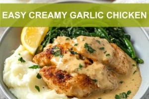 EASY CREAMY GARLIC CHICKEN plated with mashed potatoes steamed greens and lemon wedge