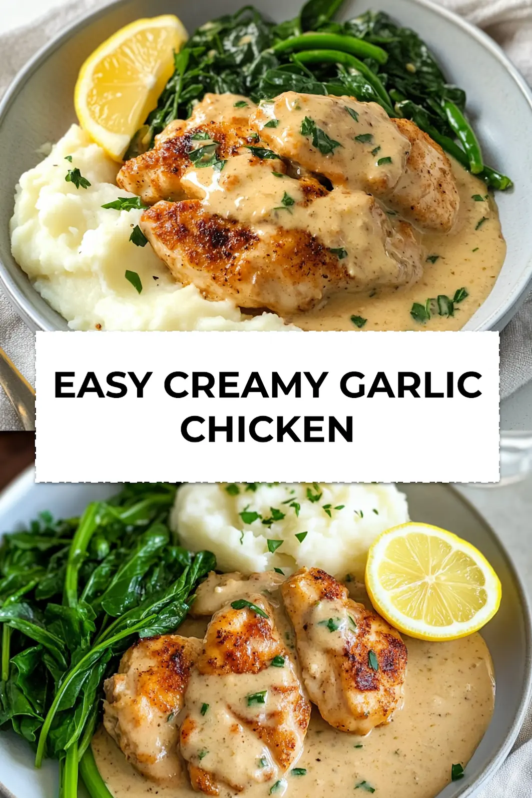 Easy Creamy Garlic Chicken served with mashed potatoes and vegetables styled for social media sharing