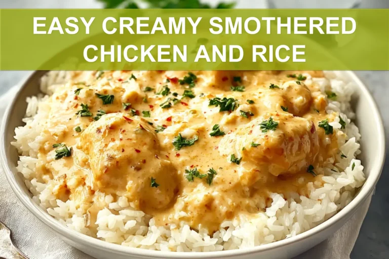EASY CREAMY SMOTHERED CHICKEN AND RICE plated on white cloth with glass of water, warm tones