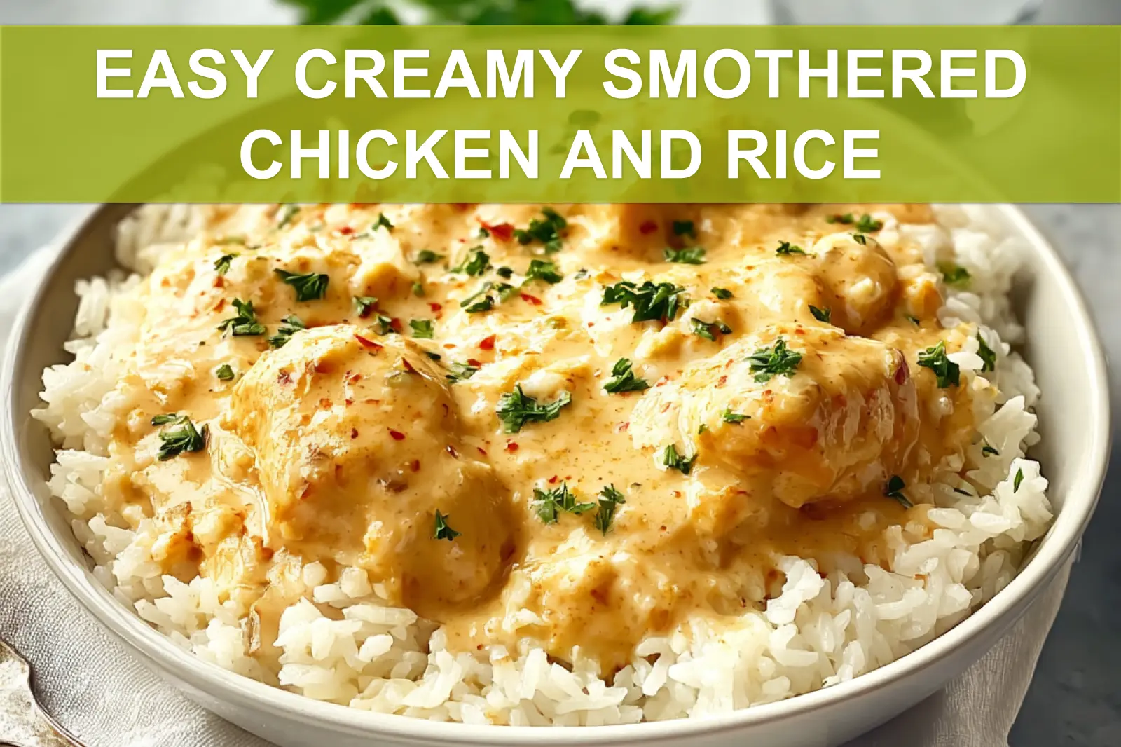 EASY CREAMY SMOTHERED CHICKEN AND RICE plated on white cloth with glass of water, warm tones